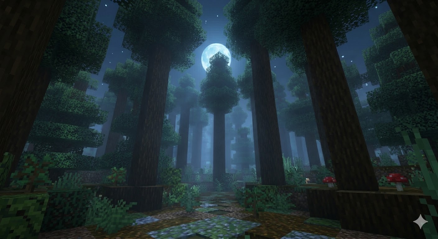 Minecraft forest at night with moonlight