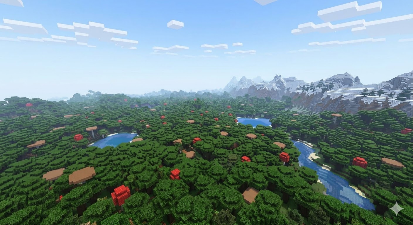 Minecraft overworld with forests, rivers, and mountains